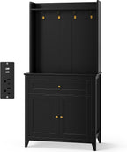 Garvee Pantry Cabinet with 4 Hooks, Kitchen Pantry Cabinet, Coffee Bar Table with Drawer & Adjustable Shelves, Black