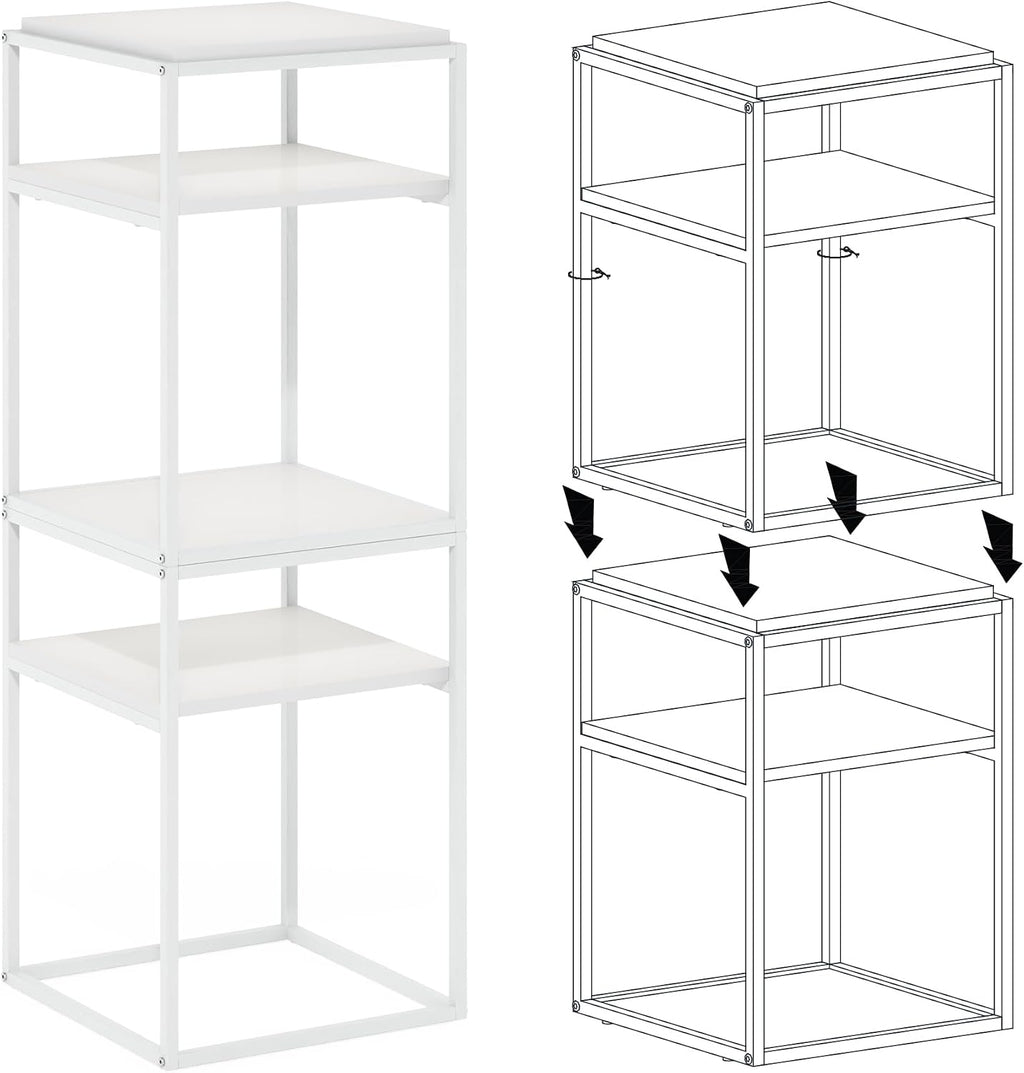 Furinno Moretti Side Table, 2-Tier Stackable Metal Frame End Table with Open Shelf, Night Stand, Bedside Table, Toolless Assembly, for Living Room, Bedroom, Solid White
