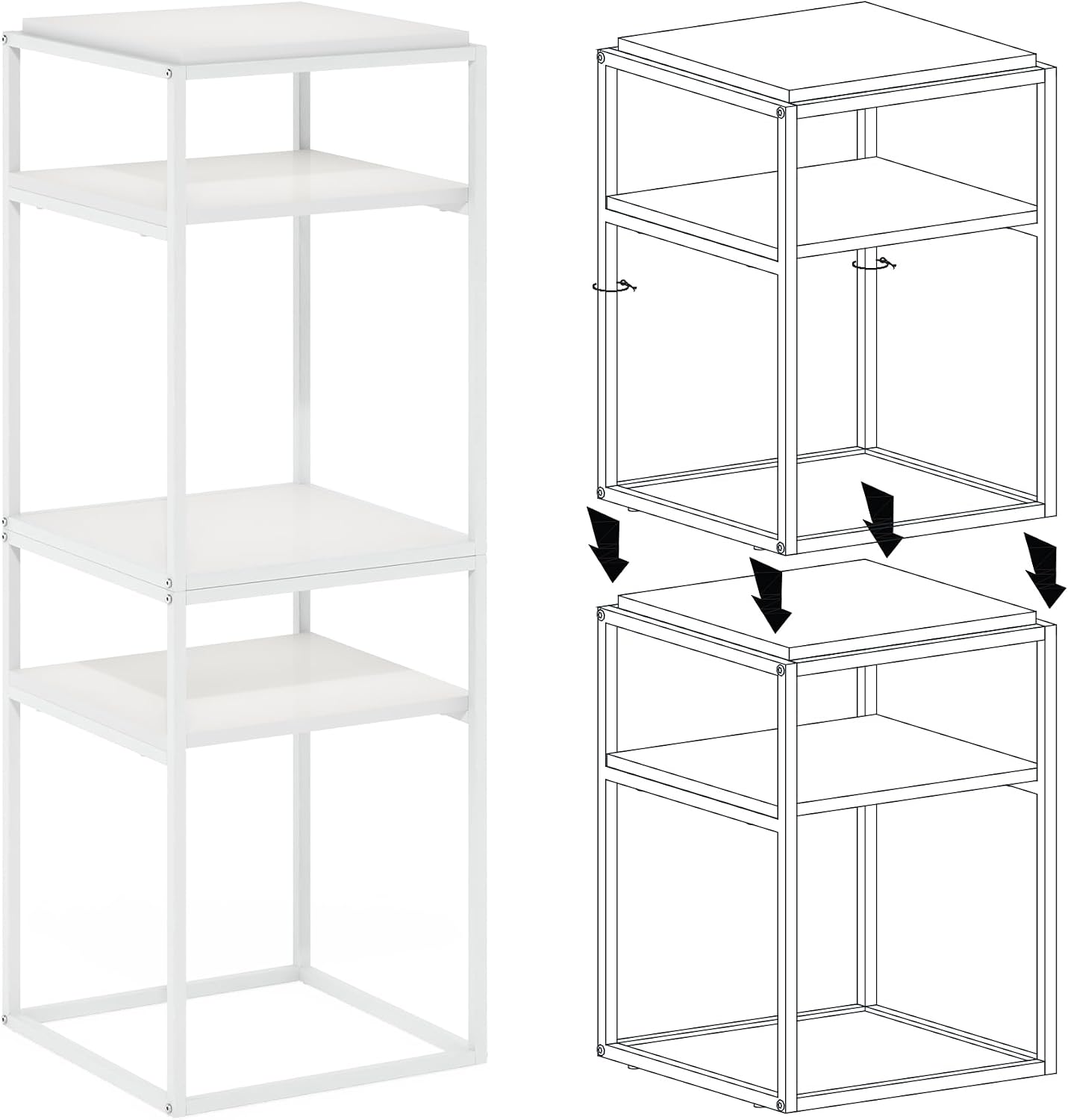 Furinno Moretti Side Table, 2-Tier Stackable Metal Frame End Table with Open Shelf, Night Stand, Bedside Table, Toolless Assembly, for Living Room, Bedroom, Solid White