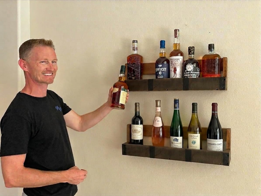 Liquor Bottle Display Shelf – Bar Shelf for Whiskey, Wine & Bourbon – Rustic Wall-Mounted Wooden Shelves, Countertop Rack, Stylish & Space-Saving Small Liquor Cabinet for Enthusiasts (Set of 2)