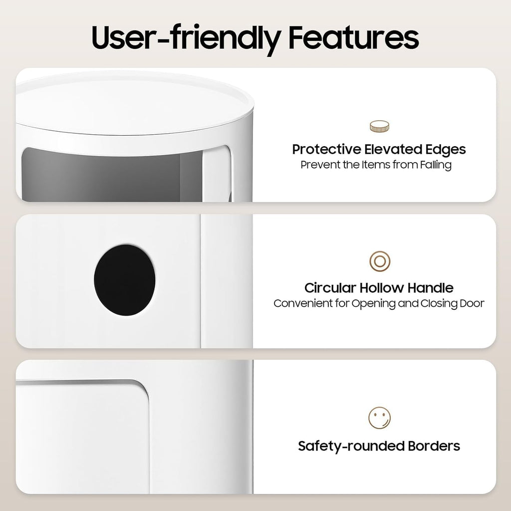 Round Nightstand, 3-Tier Round Bedside Table, ABS White Cylindrical Cabinet with Sliding Doors, Modern Narrow Modular Side Table for Bedroom, Living Room, 12.5" Diameter x 22.8" Height