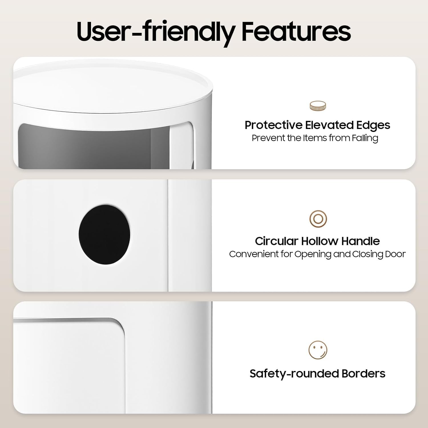 Round Nightstand, 3-Tier Round Bedside Table, ABS White Cylindrical Cabinet with Sliding Doors, Modern Narrow Modular Side Table for Bedroom, Living Room, 12.5" Diameter x 22.8" Height