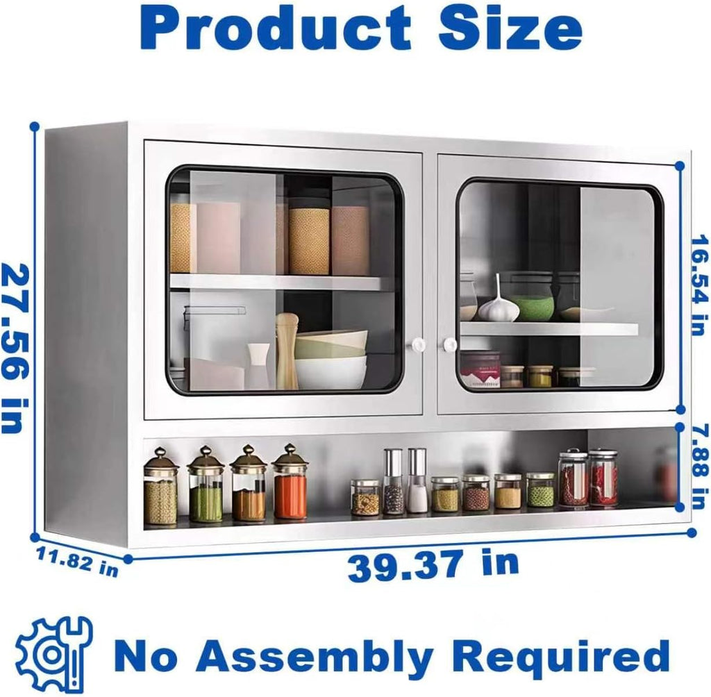 ZZV Kitchen Wall Cabinet, Stainless Steel Wall Mounted Cabinet with Adjustable Shelves, Industrial Wall Storage Cabinet for Garage, Warehouse, No Assembly Required, 11.82D x 39.37W x 27.56H in