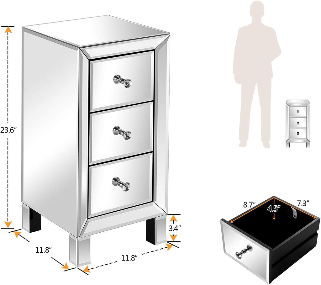 3 Drawer Mirrored Nightstand, Silver Glass Bedside Table with Crystal Knobs, Fully Assembled End Table for Bedroom, Living Room, Glam Accent Furniture, 11.8" x 11.8" x 23.6"
