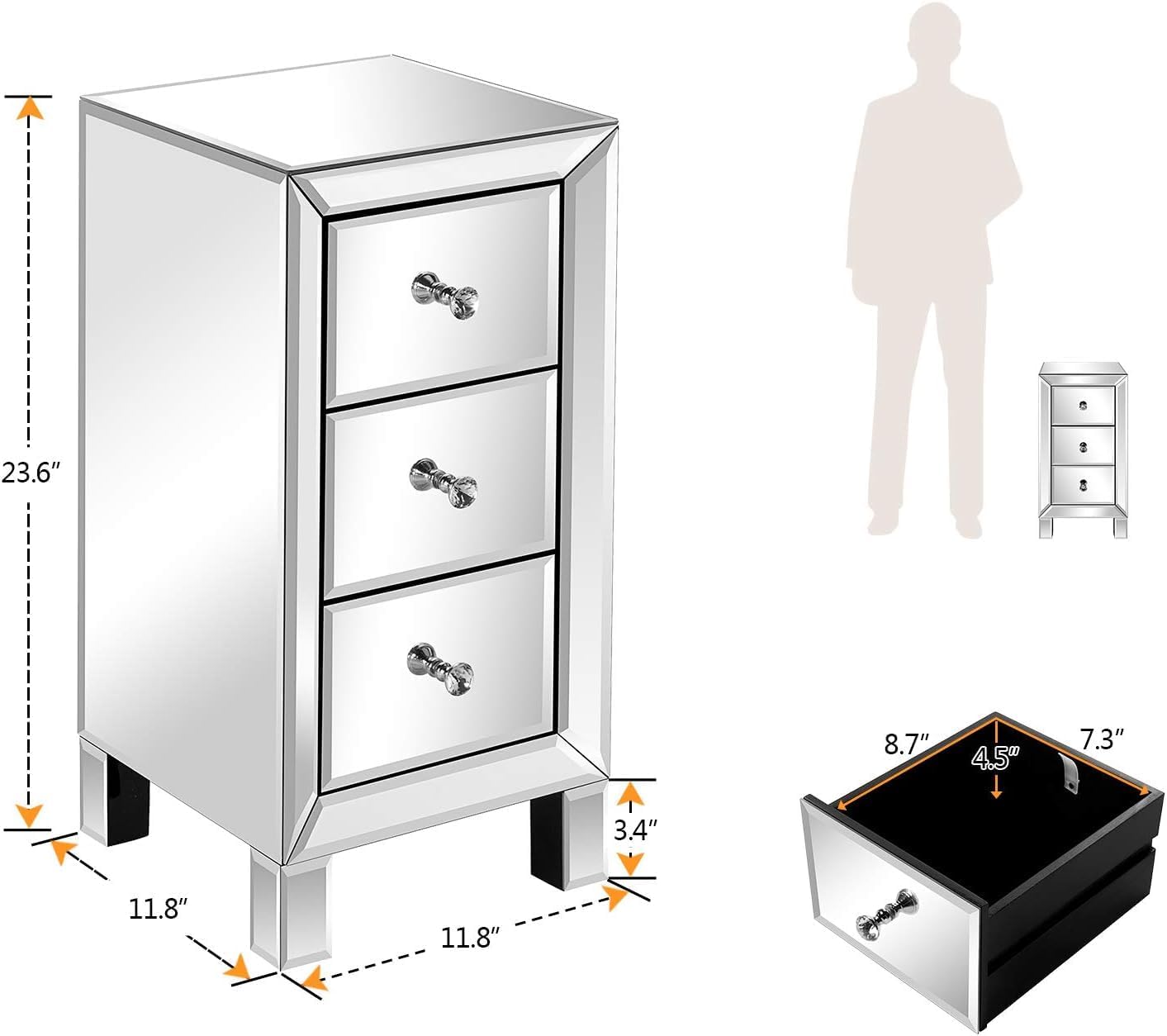 3 Drawer Mirrored Nightstand, Silver Glass Bedside Table with Crystal Knobs, Fully Assembled End Table for Bedroom, Living Room, Glam Accent Furniture, 11.8" x 11.8" x 23.6"