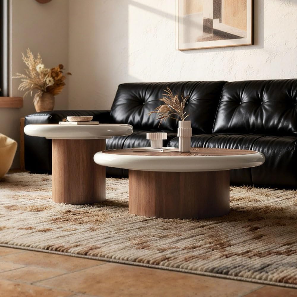 End Tables 2-Piece Round Coffee Table Set Wood Modern Living Room Tables Coordinated Pair