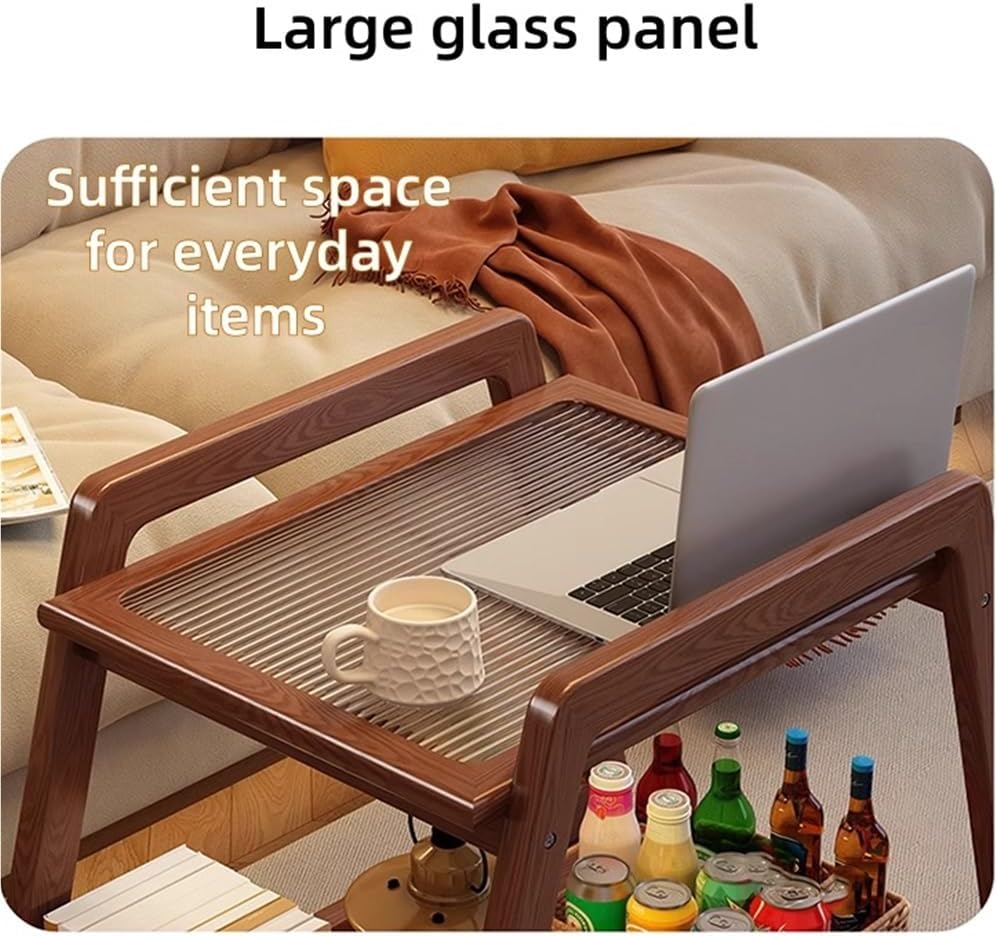 Movable Sofa Side Table with Glass, 2 Tier End Table with Wheels, Small Table with Storage Shelf, Couch Table for Small Spaces, Bedroom, Living Room, Entryway(Black)