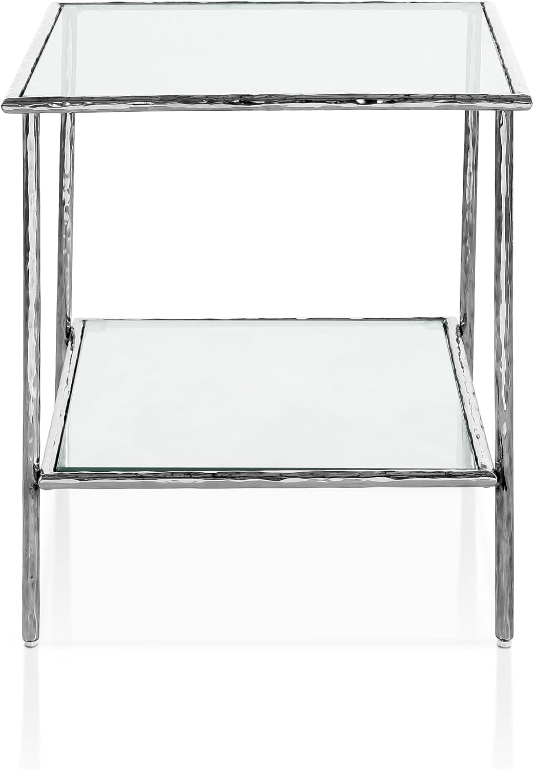 Furniture of America Zayen Glam 24-inch Metal Side Table with Tempered Glass Tabletop and Open Shelf, Hammered Stainless Steel Frame for Bedroom, Living Room, Home Office, Silver