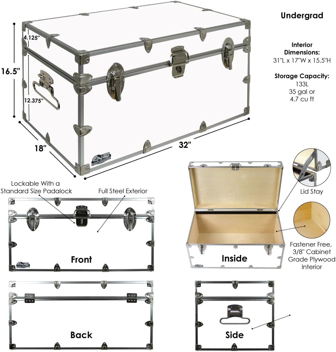 C&N Footlockers - Large Undergrad Storage Trunk - Made in the USA - Only STEEL Footlocker on Amazon - Durable Chest with Lid Stay - 32 x 18 x 16.5 Inches (Lilac)