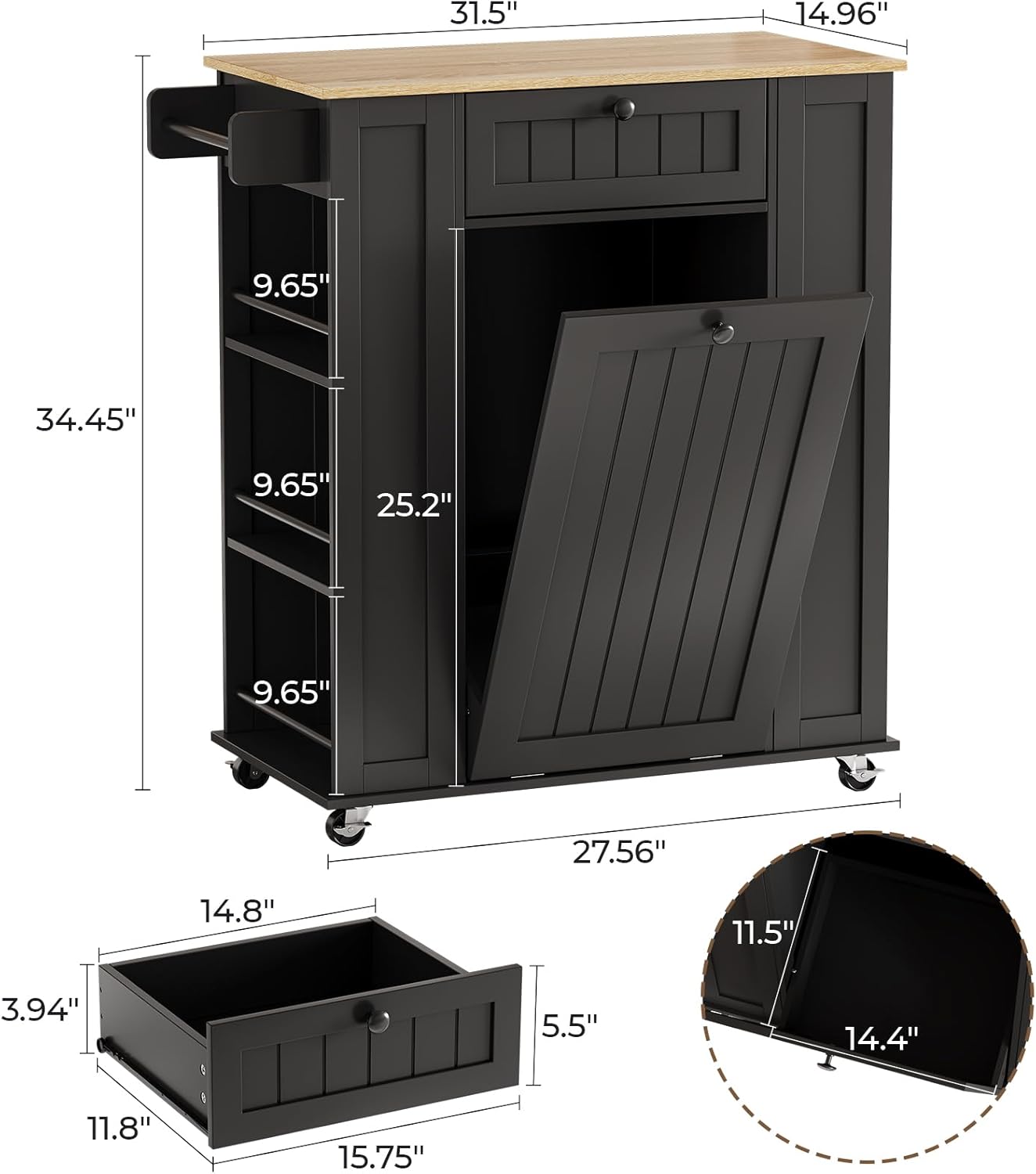 35" Kitchen Island with Trash Cabinet, Portable Rolling Cart with Power Outlet, Storage Drawer, 6-Tier Spice Rack, 4 Locking Casters for Kitchen Dining Living Room, Black