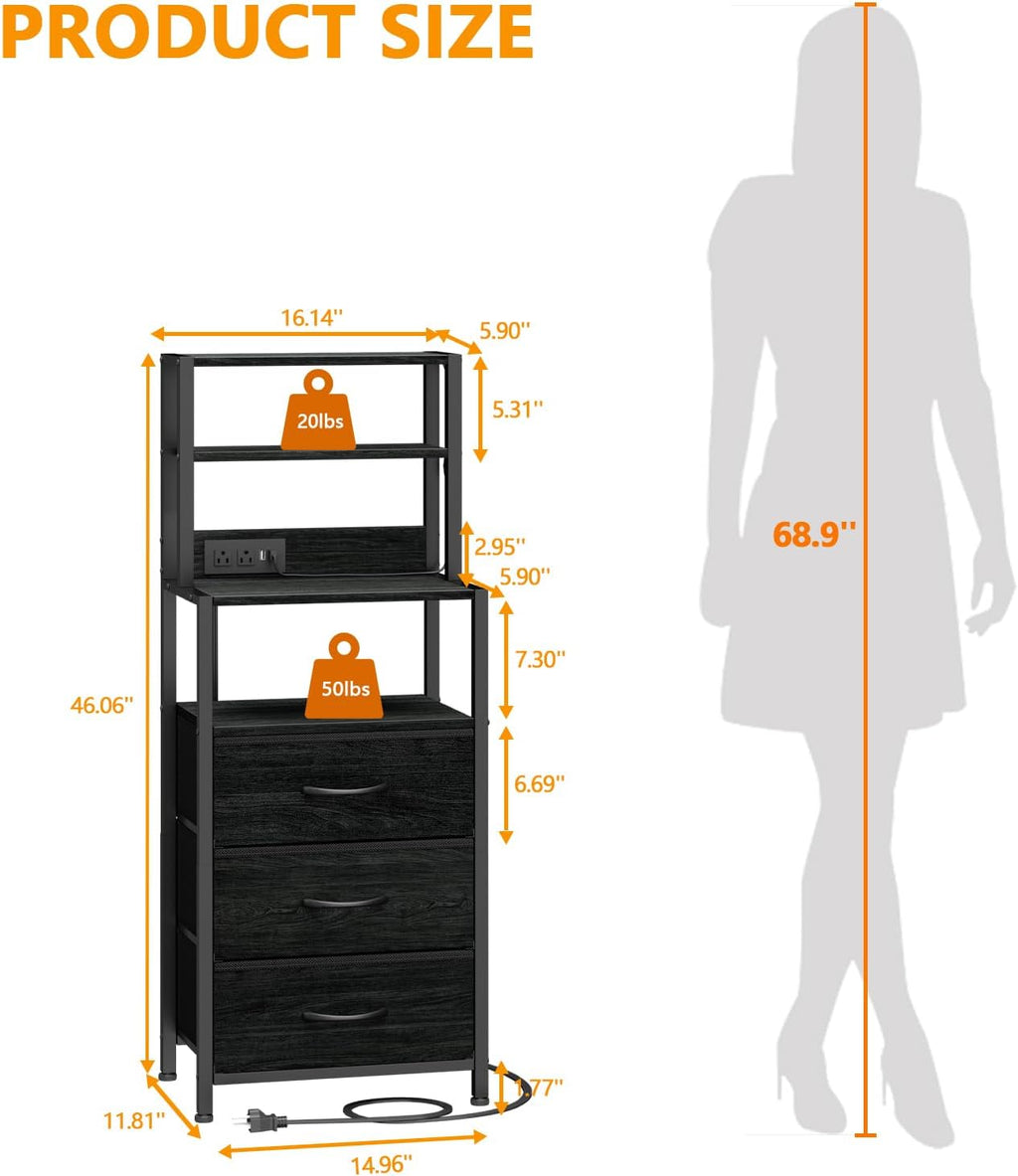 Furnulem Night Stand Set 2 with Charging Station, 46" Black Bedside Table | RGB LED Lights, 4-Tier Storage Shelves & 3 Fabric Drawers, Metal Frame, Wood Desktop, Easy Assembly for Bedroom Hallway Dorm