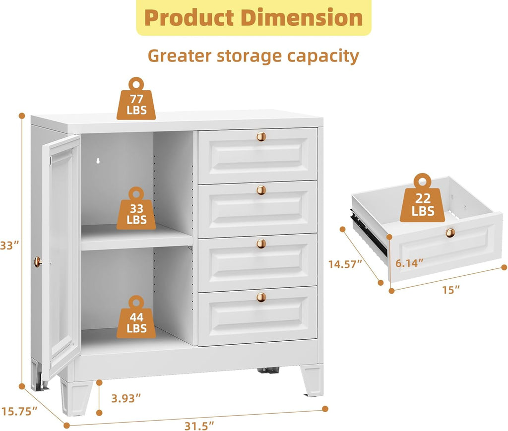 Bathroom Storage Cabinet with 4 Drawers,Metal Bathroom Floor Cabinet with Door and Shelves,Toilet Paper Storage Cabinet for Bathroom, 33" H x 31.5" W x 15.75" D,White