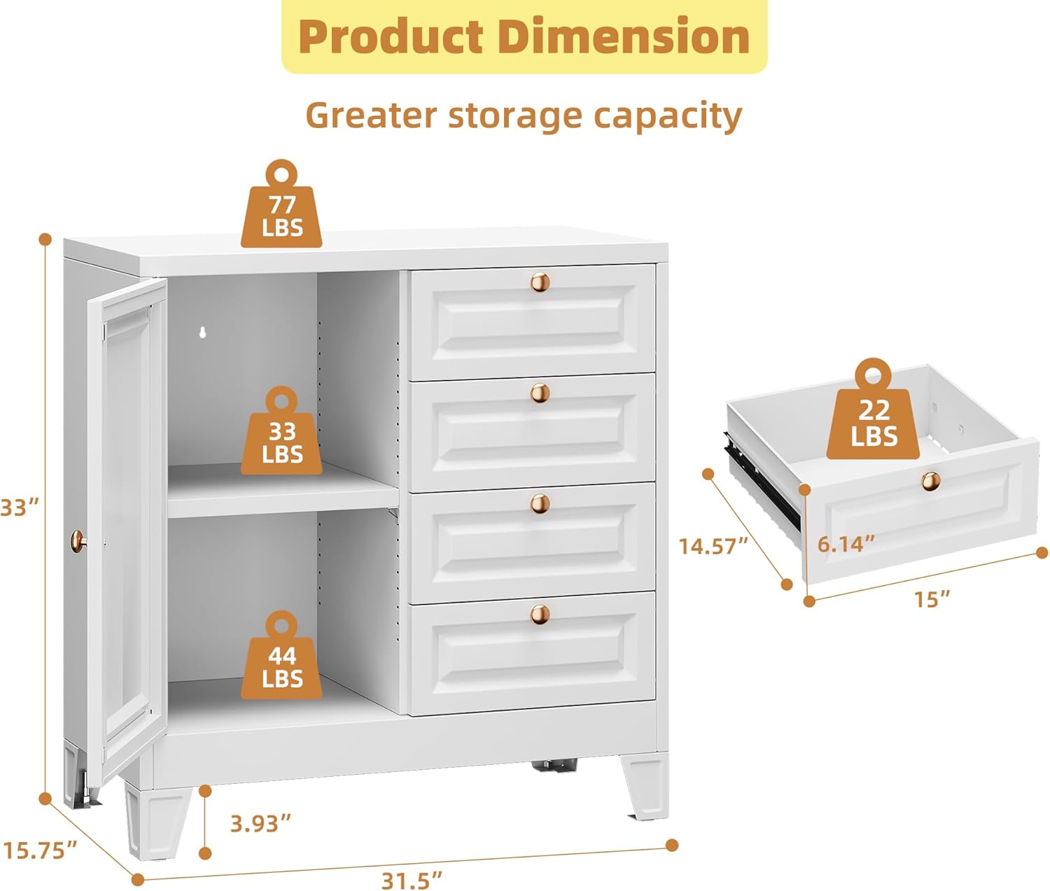 Bathroom Storage Cabinet with 4 Drawers,Metal Bathroom Floor Cabinet with Door and Shelves,Toilet Paper Storage Cabinet for Bathroom, 33" H x 31.5" W x 15.75" D,White