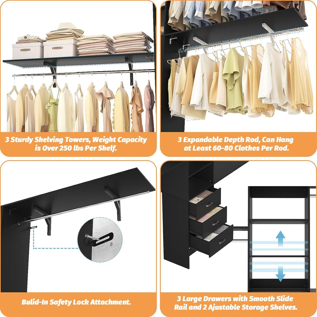 Armocity 120 Inches Closet System, 10FT Walk In Closet Organizer with 3 Shelving Towers, Heavy Duty Clothes Rack with 3 Drawers, Built-In Garment Rack, 120" L x 16" W x 75" H, Max Load 1300 LBS, Black