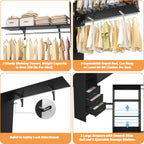 Armocity 120 Inches Closet System, 10FT Walk In Closet Organizer with 3 Shelving Towers, Heavy Duty Clothes Rack with 3 Drawers, Built-In Garment Rack, 120" L x 16" W x 75" H, Max Load 1300 LBS, Black