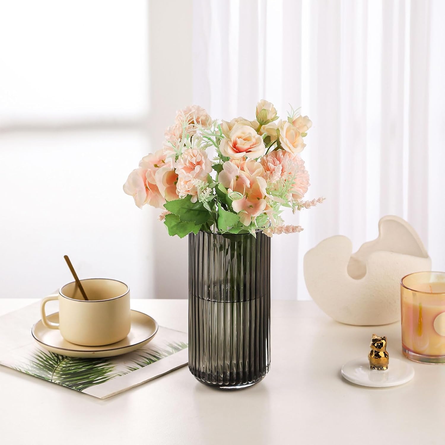 WHJY Cylindrical Gray Glass Vase, Vintage Flower Vase, Hand Blown Glass Vase, Decor for Dining Table Centerpiece Décor – 10 inches