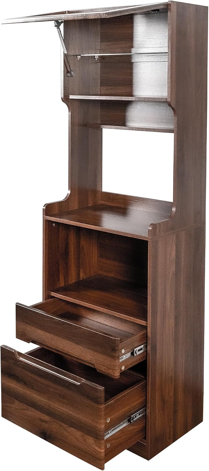 Farmhouse Kitchen Pantry Storage Cabinet with Microwave Stand - Freestanding Buffet Hutch Sideboard with 2 Drawers, Open Coffee Bar Shelf & Cable Hole, Wood Buffet Server for Dining Room & Kitchen