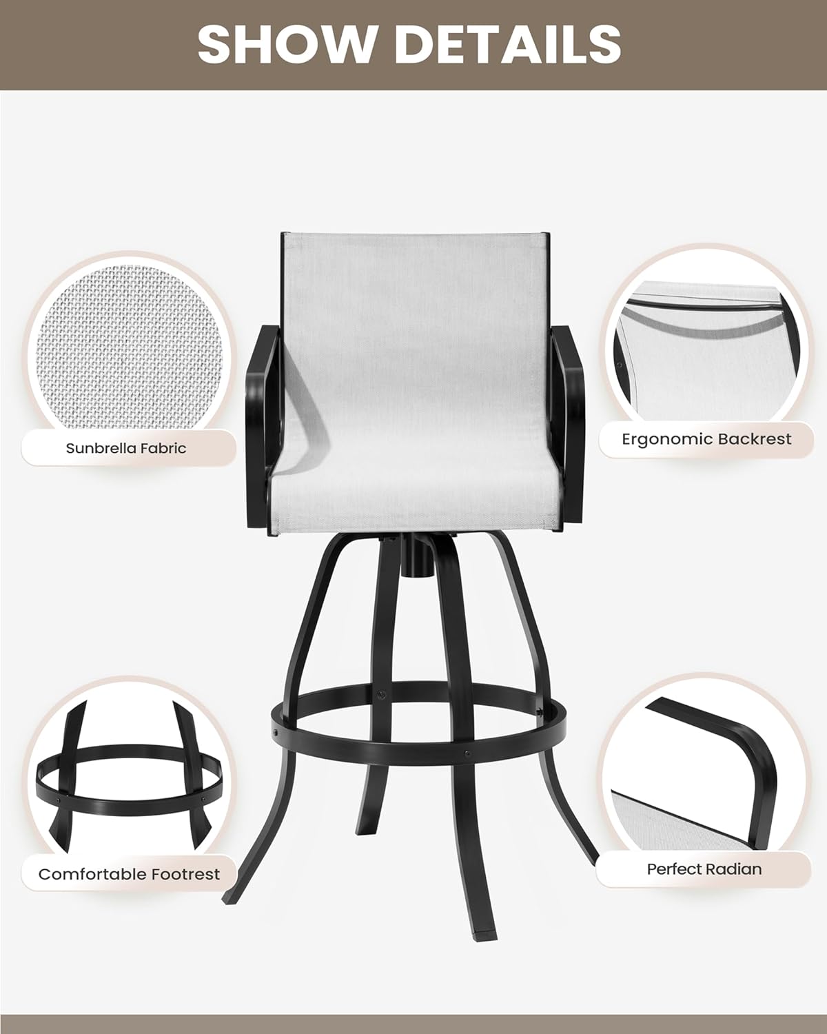 Pellebant 30" Outdoor Bar Stools 6 Pcs, Swivel Bar Height Chairs with Sunbrella Fabric & Aluminum Frame, Rust-Proof Patio Barstools for Outside, Augustine Oyster