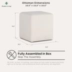 Studio Living Warren 18" Cube Ottoman, Urban Transitional, Fully Assembled, Soft Boucle Fabric, Snow