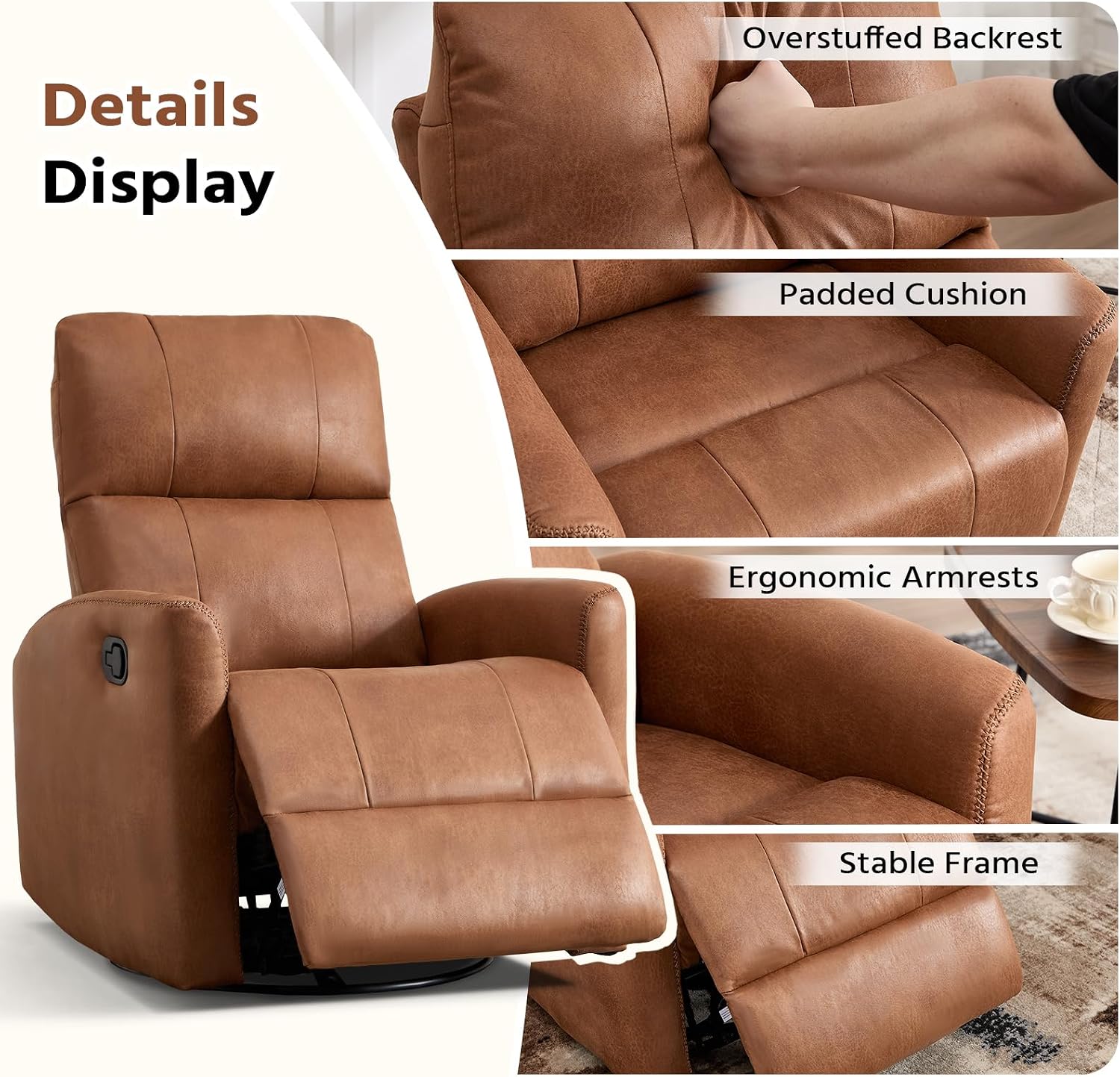 HAOMARKETS Swivel Rocker Recliner Chair, Manual Faux Leather Glider Rocking Recliners for Adults, 360° Swivel Nursery Reclining Sofa with Padded Backrest for Living Room, Dark Brown