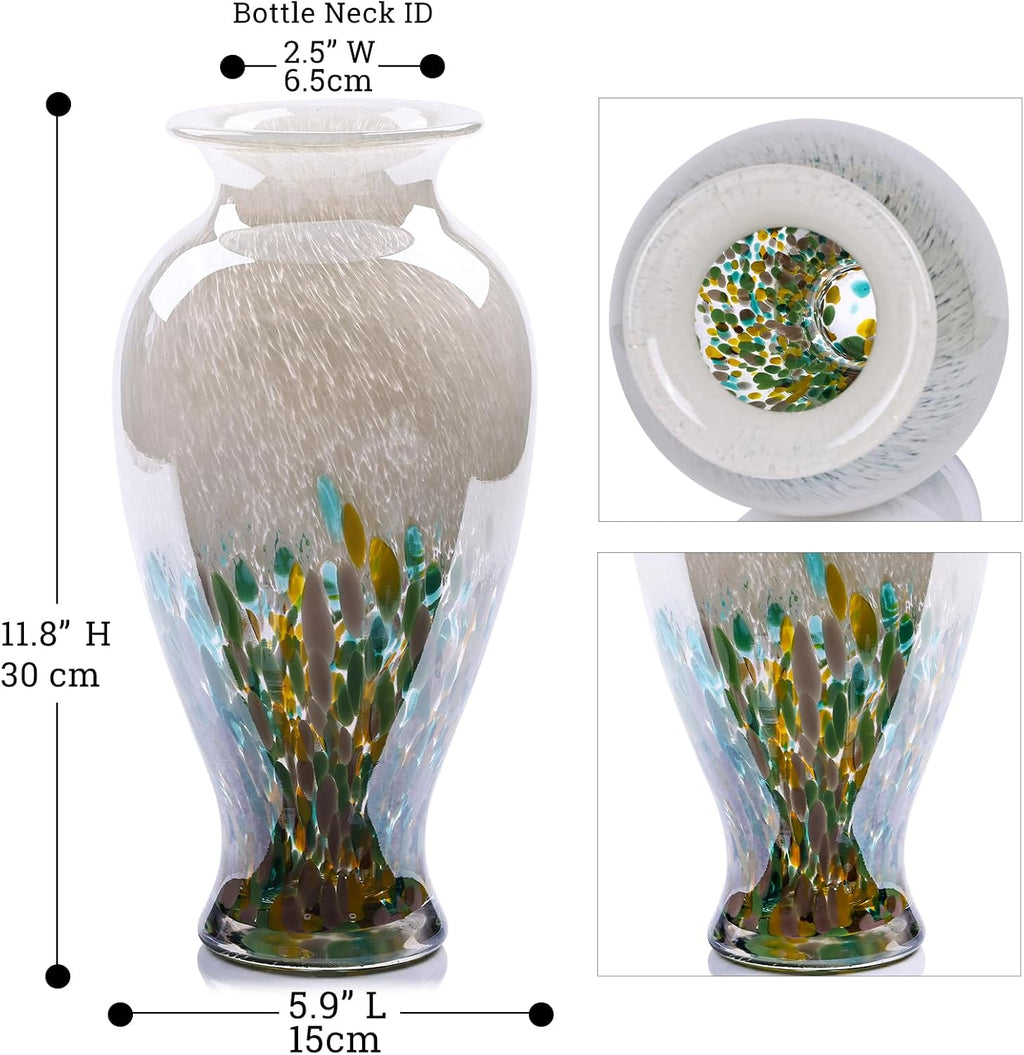 11.8" Tall Blown Green Glass Vase, Colorful Opaque Glass Vase, Unique Design Wide Mouth Art Decoration for Home, Living Room, Dining Table, Pampas Grass Decor (Green)