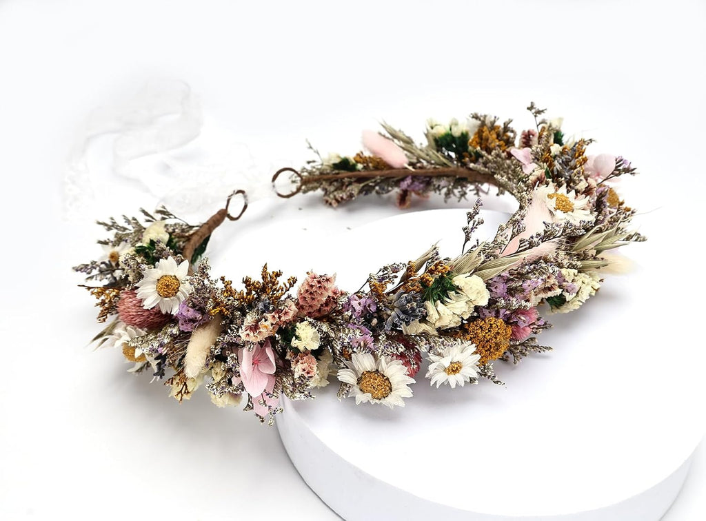 Rustic Preserved Dried Flower Crown Natural Floral Headband with Daisy Cream Mixed Flowers for Women Maternity Brides Bridesmaids Flower Girls Family Photography
