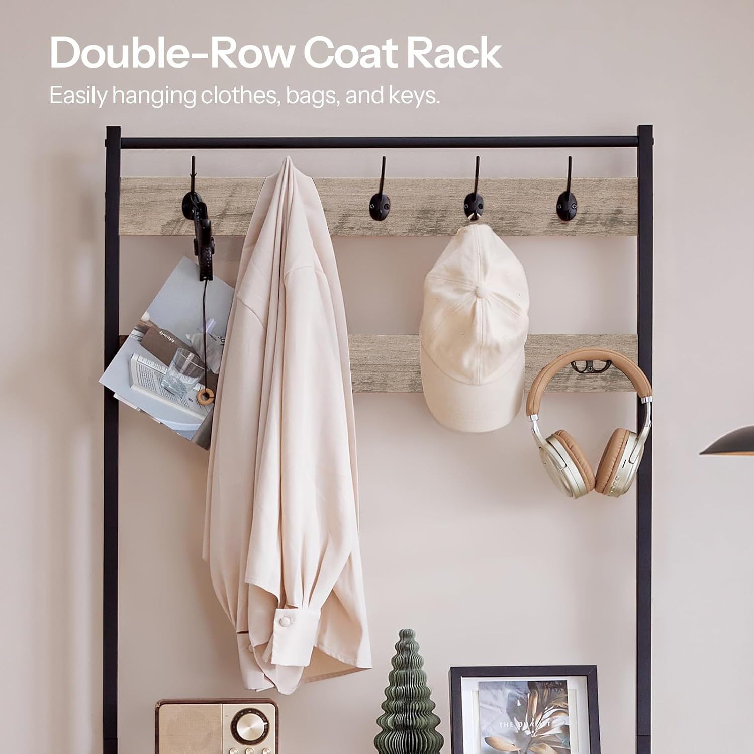HOOBRO Hall Tree with Bench, Narrow Shoe Rack with Coat Rack, Coat Rack with Shoe Storage, 5 Tier Slanted Shoe Storage Organizer, Coat and Shoe Rack Entryway, Slim Hall Tree, Greige BG20MT01
