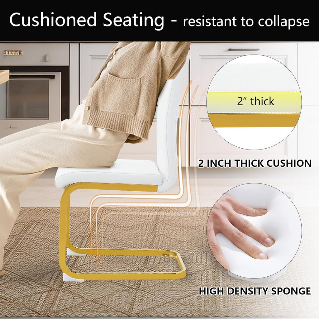 cinkehome Set of 6 Modern Dining Chairs, High Back PU Faux Leather Upholstered Armless Chair with Metal Legs for Kitchen Dining Room Living Room (White with Gold Legs)