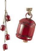 Deco 79 Metal Indoor Outdoor Decorative Cow Bells Tibetan Inspired Cascading Meditation Bell with 4 Bells on Jute Hanging Rope, Cow Bell 3" x 3" x 27", Red