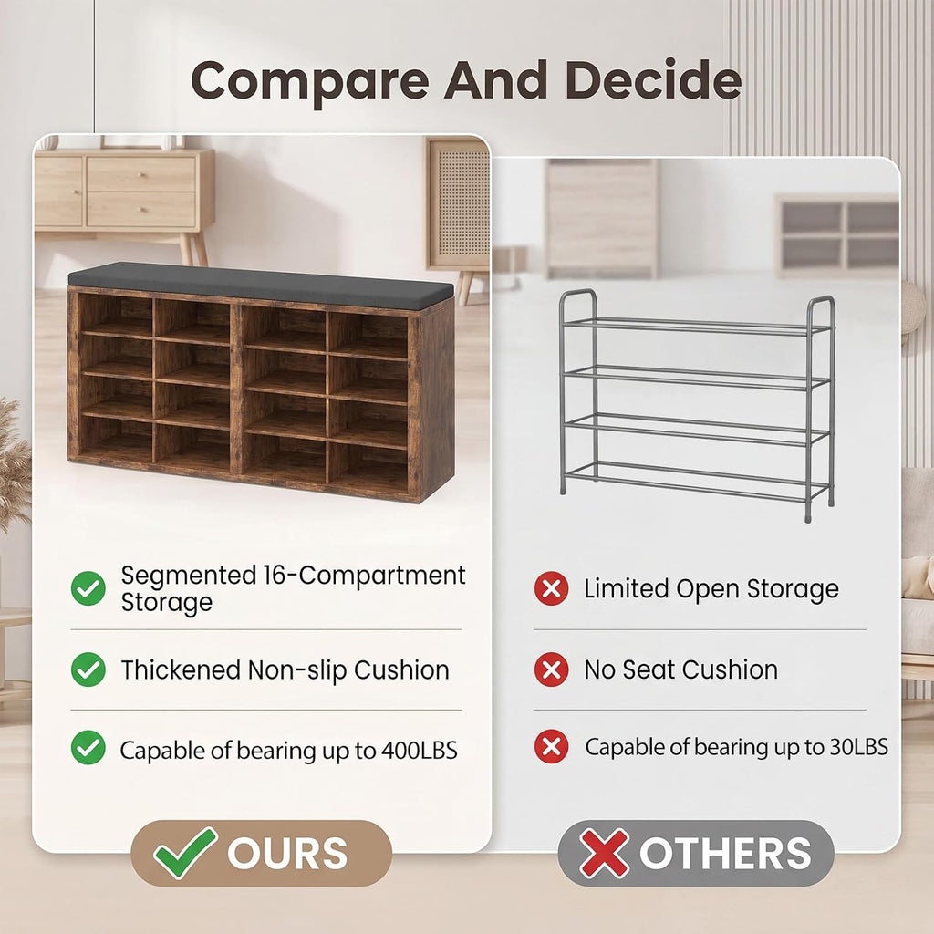 Shoe Rack Bench, Shoe Storage Bench with Cushion, Shoe Organizer 16 Cubbies for Entryway Hallway Bedroom Living Room, Holds Up to 400lbs