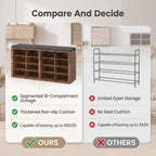 Shoe Rack Bench, Shoe Storage Bench with Cushion, Shoe Organizer 16 Cubbies for Entryway Hallway Bedroom Living Room, Holds Up to 400lbs