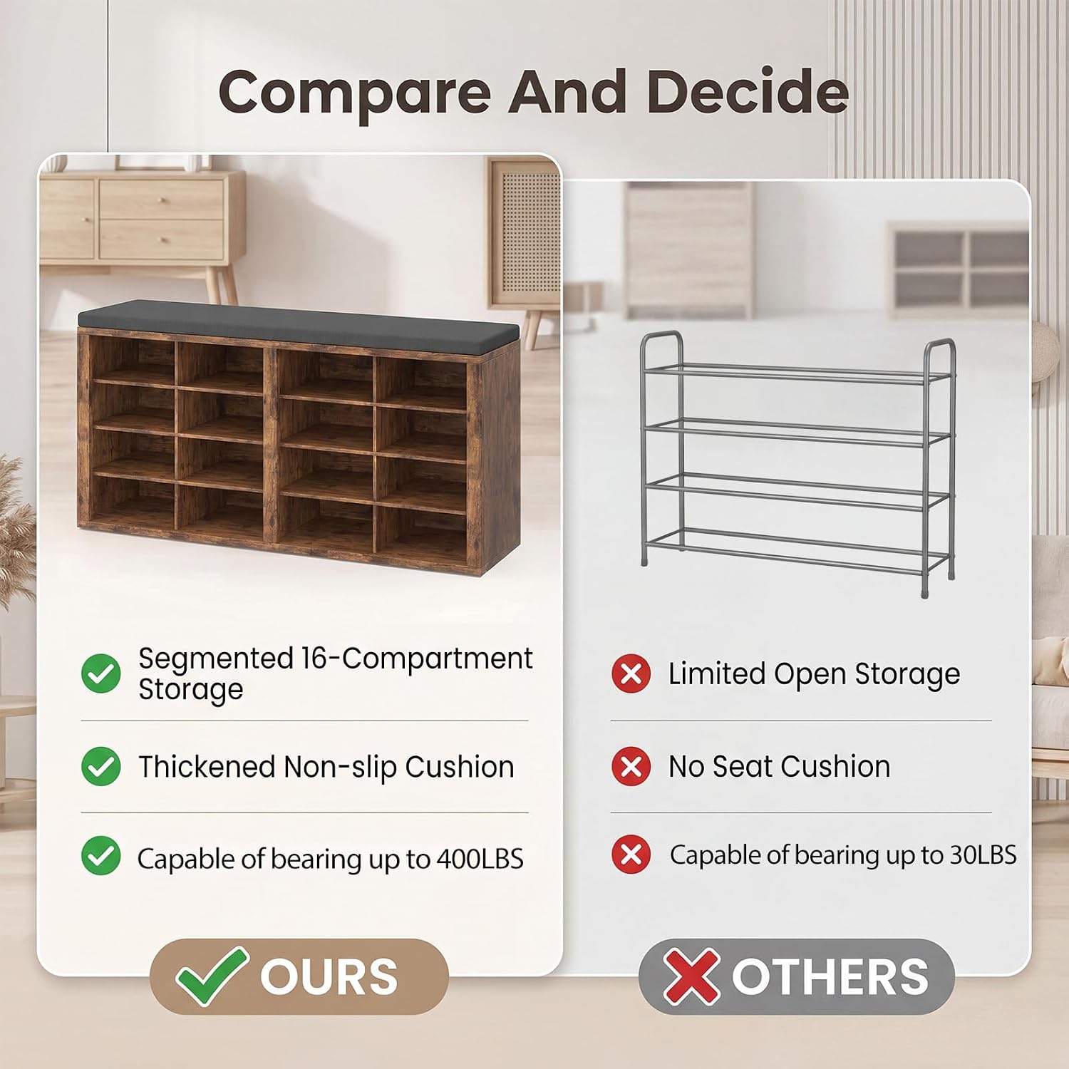 Shoe Rack Bench, Shoe Storage Bench with Cushion, Shoe Organizer 16 Cubbies for Entryway Hallway Bedroom Living Room, Holds Up to 400lbs