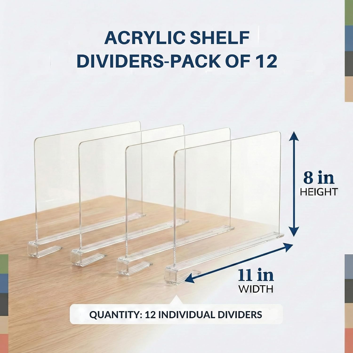 Acrylic Shelf Dividers, 12 Pack Clear Closet Shelf Organizer, Slide-On Vertical Dividers for Sweaters, Shirts, Towels & Handbags, Fits 3/4 in Shelves, 11 x 8 in