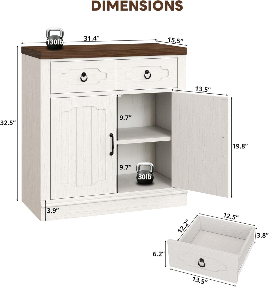 LIKIMIO Buffet Cabinet with 2 Drawers, 32" Sideboard Buffet Storage Cabinet with Doors and Shelves, Farmhouse Coffee Bar Station Kitchen Cabinet for Dining Room, Living Room, Entryway, White