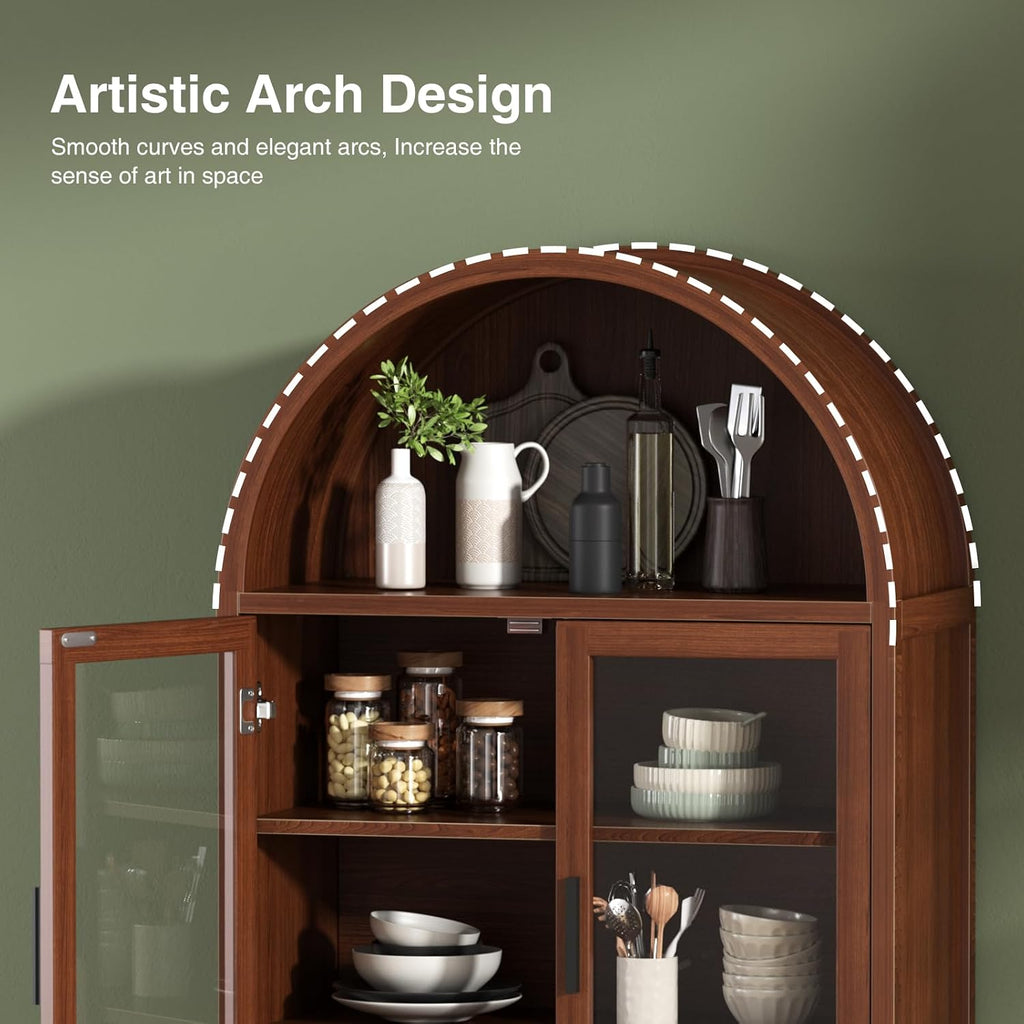 FiveWillowise Kitchen Pantry Cabinet with Glass Doors - Arched Design, Solid Wood Legs, Artistic Fluted Door, Adjustable Shelves, 70.8" Curved Storage Cabinet for Kitchen, Dining Room