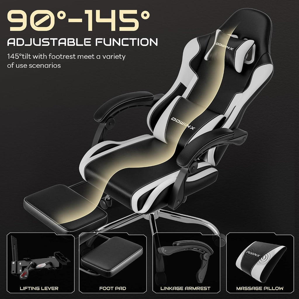 Gaming Chair with Footrest & Massage Lumbar, Ergonomic Reclining Gaming Chair 330lbs with Headrest Pillow for Office, Home & Long Gaming Sessions, White