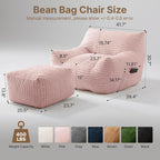 Oversized Bean Bag Chair with Ottoman, Bean Bag Couch with 2 Side Pockets, Corduroy Boneless Couch Chair in a Box, Comfy Lounge Chair for Living Room, Bedroom, Dorm, Pink