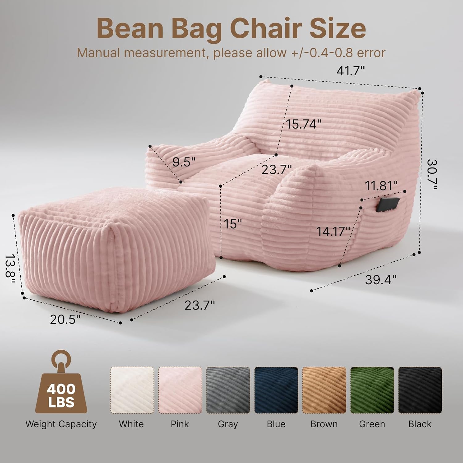 Oversized Bean Bag Chair with Ottoman, Bean Bag Couch with 2 Side Pockets, Corduroy Boneless Couch Chair in a Box, Comfy Lounge Chair for Living Room, Bedroom, Dorm, Pink
