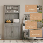 Farmhouse Pantry Cabinet, 71" Tall Kitchen Hutch Cabinets with Storage Drawer, Open Countertop, Glass Doors, Adjustable Shelves, Cable Hole for Dining Room, Living Room, Ash Grey