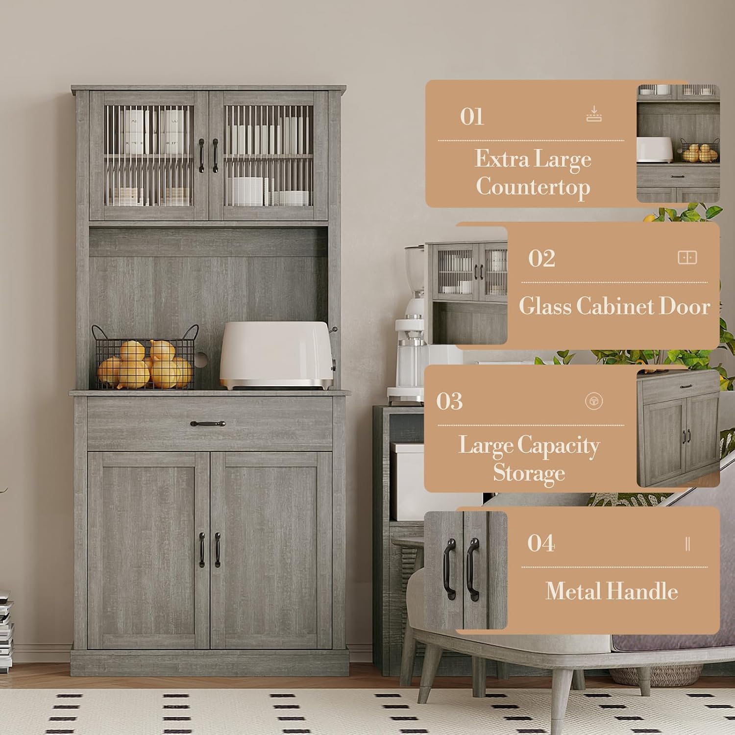 Farmhouse Pantry Cabinet, 71" Tall Kitchen Hutch Cabinets with Storage Drawer, Open Countertop, Glass Doors, Adjustable Shelves, Cable Hole for Dining Room, Living Room, Ash Grey