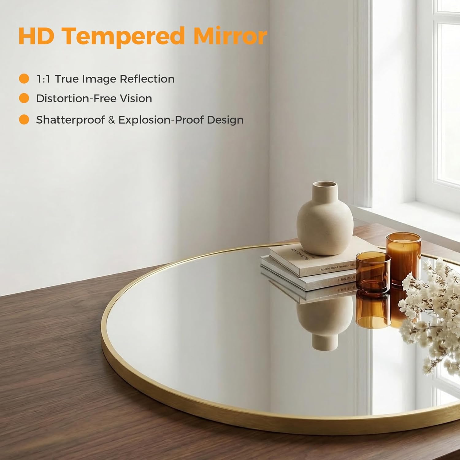 36 Inch Gold Round Bathroom Wall Mirror, Round Mirrors for Wall Decor, Circle Mirror for with HD Shatter-Proof Glass for Entryway, Living Room, Bedroom, Dressing Room, Home Decor