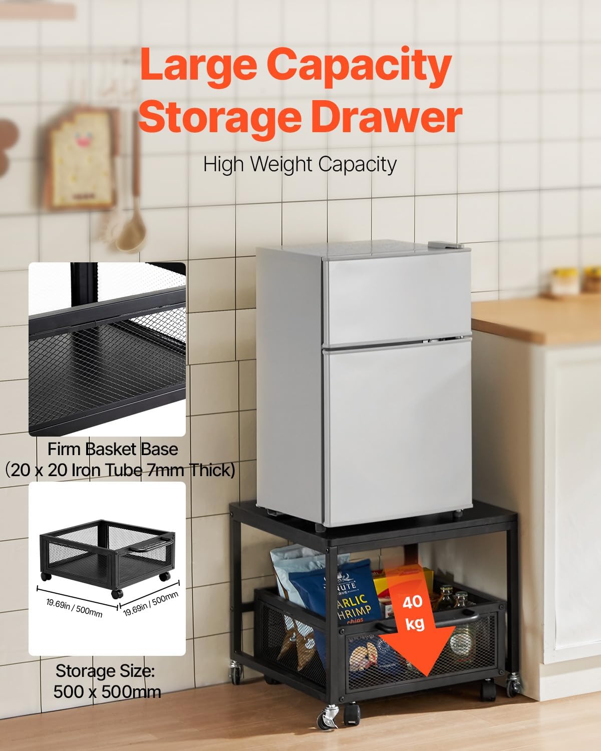 VEVOR Mini Fridge Stand with Storage, 198 lbs Mini Fridge Table with Movable Storage Cart & Swivel Wheels, Beverage Refrigerator Stand for Coffee Bar, Mini Fridge Organizer for Office Home Dorm, Black