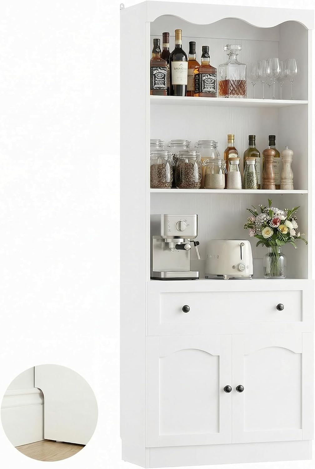 Cyclysio 80" Tall Pantry Cabinet with 3-Tier Open Shelves, White Kitchen Pantry Storage Cabinet with Drawer, Kitchen Organizer with Built-in Baseboard Notch for Kitchen, Living Room, Bathroom