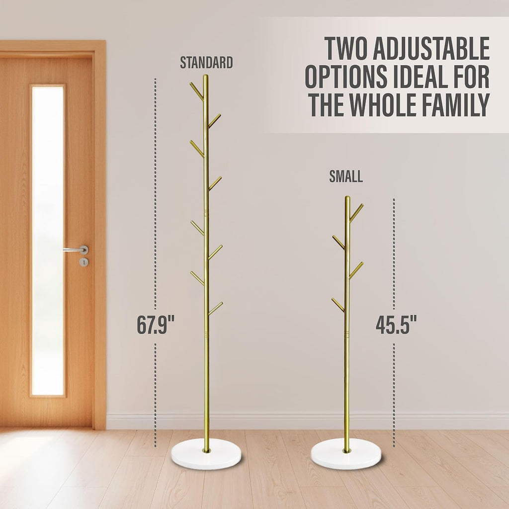 Coat Rack with Real Marble Base, Freestanding Metal Clothing Rack with 8 Hooks, Modern Hall Tree for Entryway, Bedroom & Office, Space Saving Coat Hanger Stand for Small Spaces (Gold)