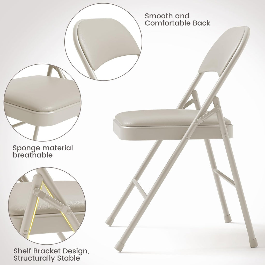 Folding Portable Card Table and Foldable Chair Set of 5, Pu Upholstered Foldable Chairs and Table With Metal Frame, Folding Table and Chair Suitable for Dining Room, Living Room, Office, Camping-Beige