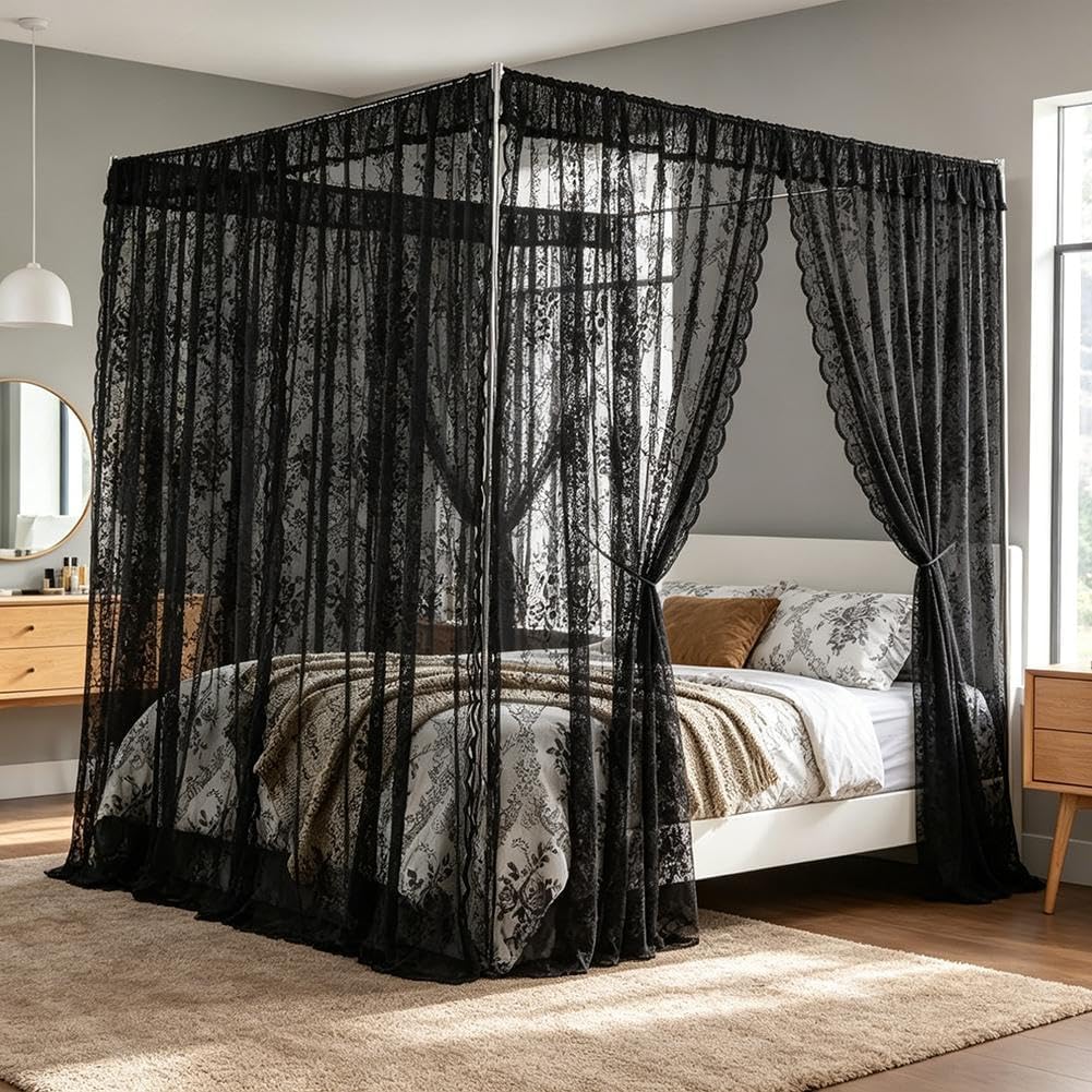 Lace Canopy Bed Curtains Set Black Queen Bed Canopy Curtains Soft Romantic Canopy Scarf Cute Bedroom Decor, No Pole, Consists of 8, 39" x 79"