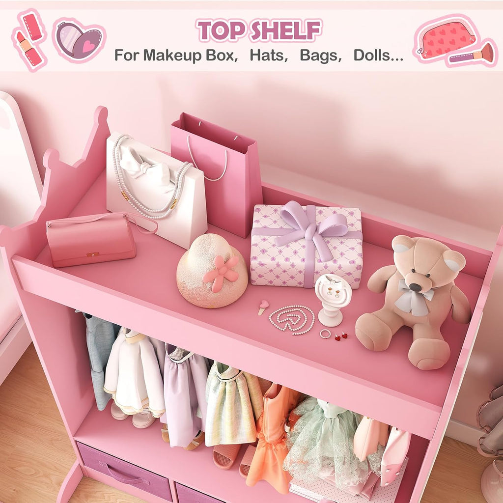 COSVALVE Kids Dress Up Storage with Mirror and Drawers, Kid Armoire Dresser, Pretend Storage Closet for Kids, Costume Wardrobe with Top Shelf for Playroom Bedroom, Lovely Pink