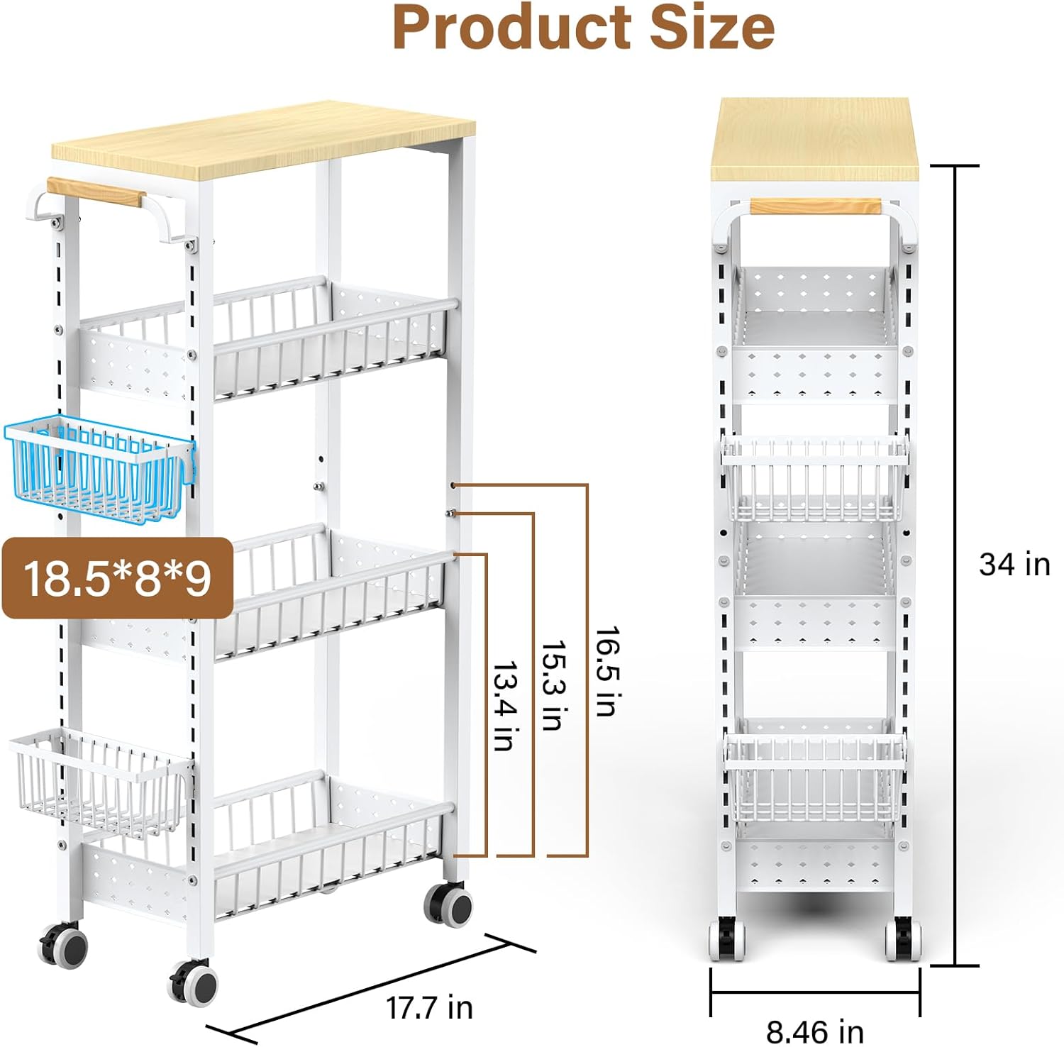 7.8 Inch Ultra-Slim 4-Tier Rolling Storage Cart with Adjustable Shelves - Lockable Wheels & Wooden Top for Narrow Spaces Between Washer/Dryer, Bathroom, Kitchen Organization (White)