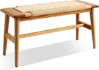 Wood Dining Bench,100% Natural Solid Oak with Rattan Design, Rounded Edge, Entryway Bench for Dining,Bedroom, Living Room (Beige Color, 31.49 inch)