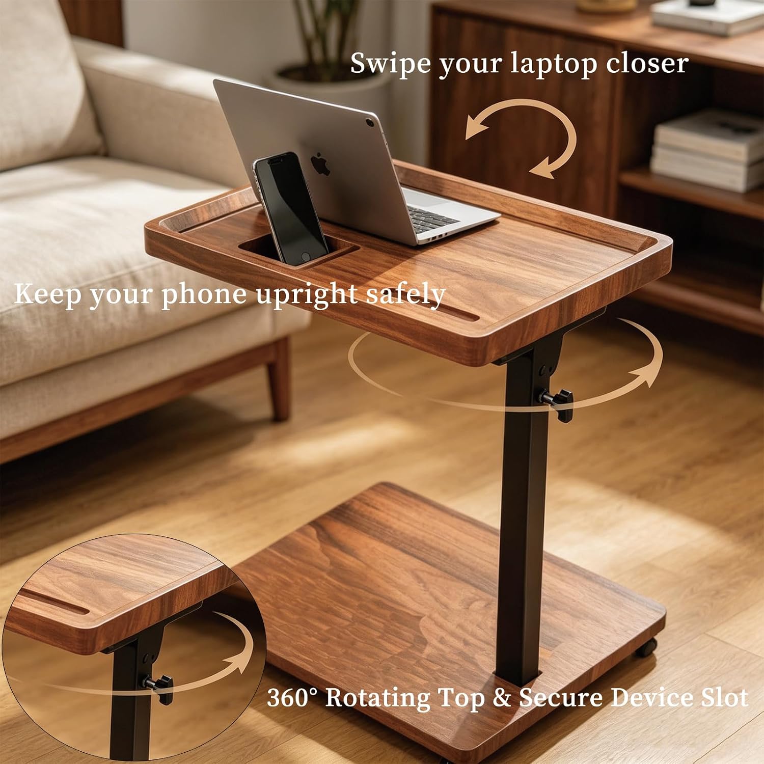 Adjustable Height Side Table with Wheels, 360° Swivel End Table for Small Spaces, 16x12 Inch Waterproof TV Tray for Living Room, Bedroom, Couch, Bedside（Light Walnut）